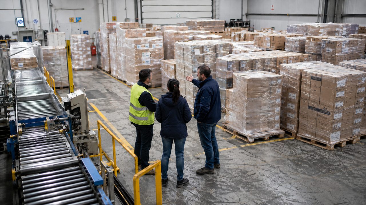 Almacén con ubicaciones saturadas de palets junto a una línea de producción, mientras un equipo analiza la situación sobre el terreno.