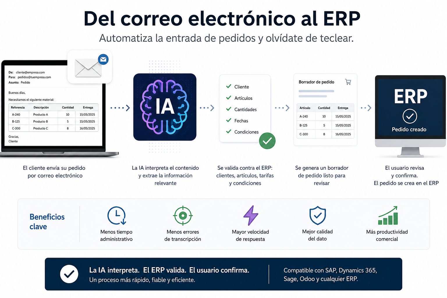 Pantalla de correo electrónico con pedido de cliente y automatización hacia el ERP con IA.
